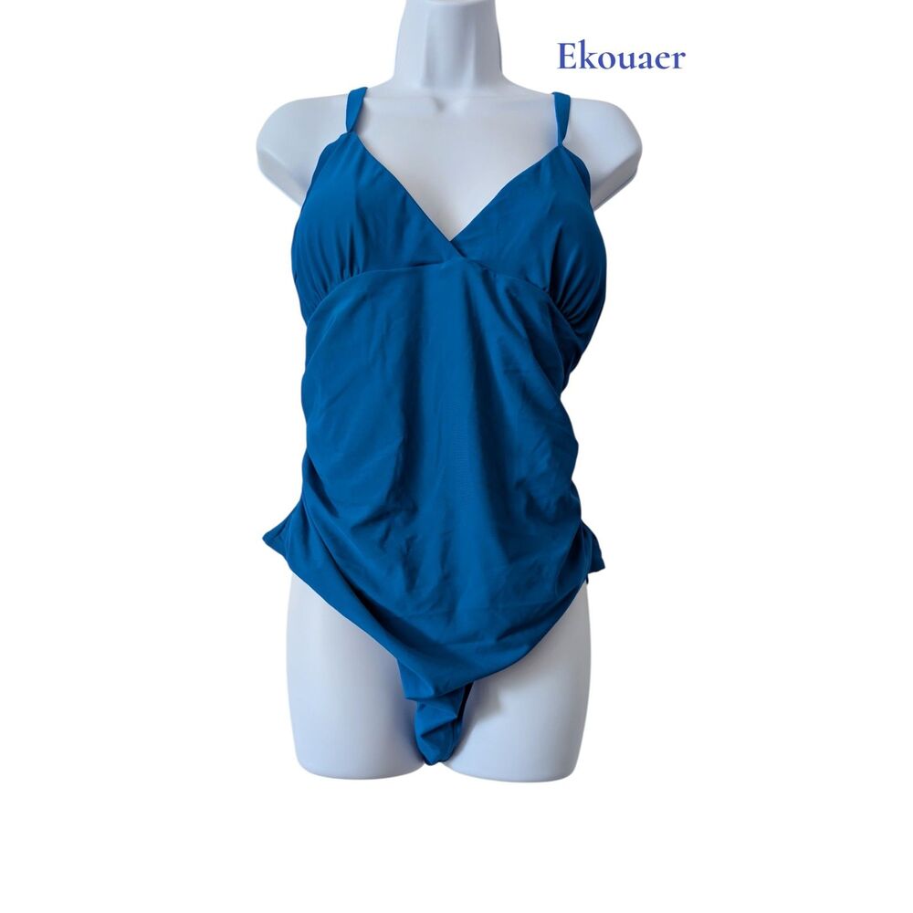 NWT Ekouaer One Piece Swimsuit XXL Blue Ruched Criss Cross Back